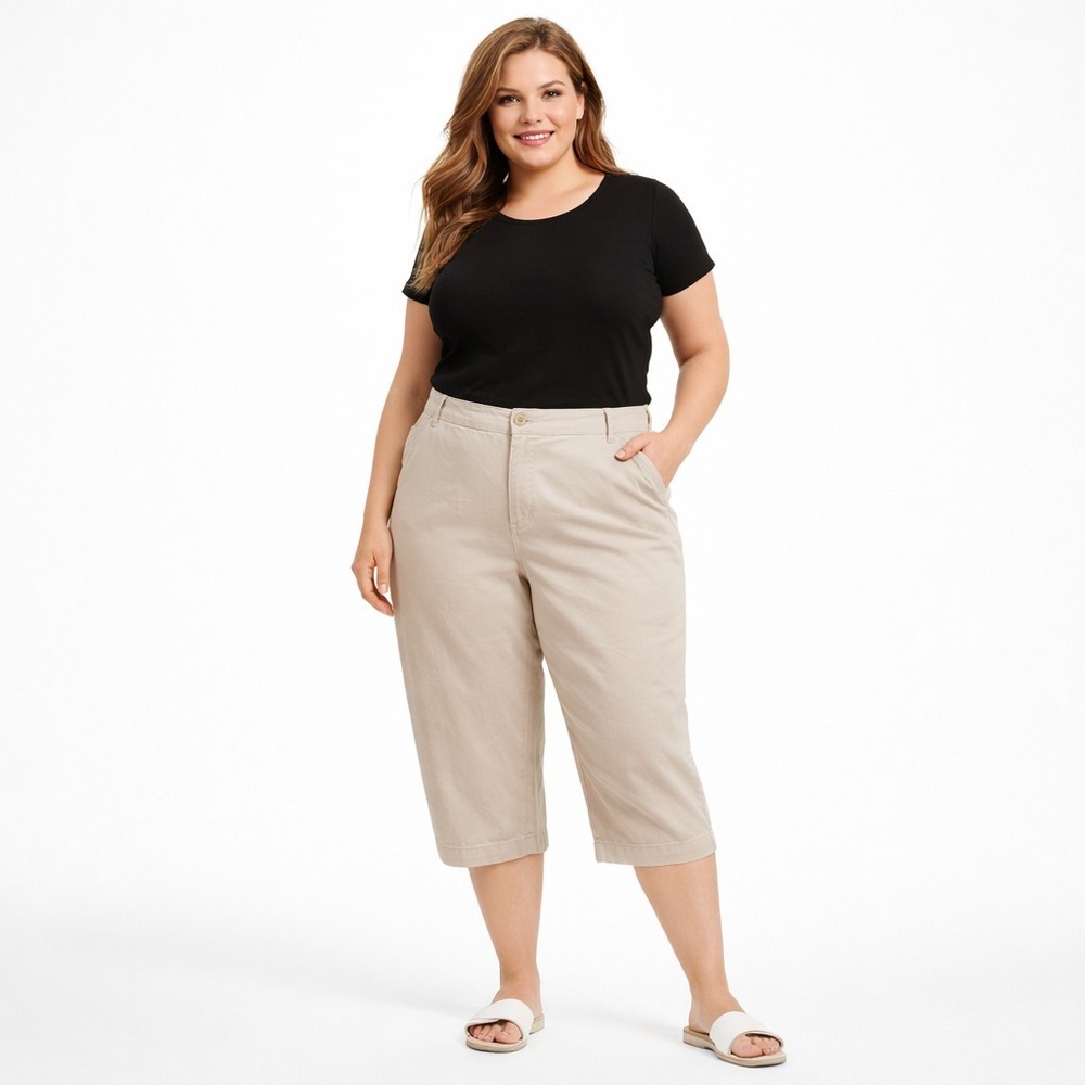St John's Bay Women's Capri Pants 20W Beige Cotton Flat Front Casual Summer Plus
